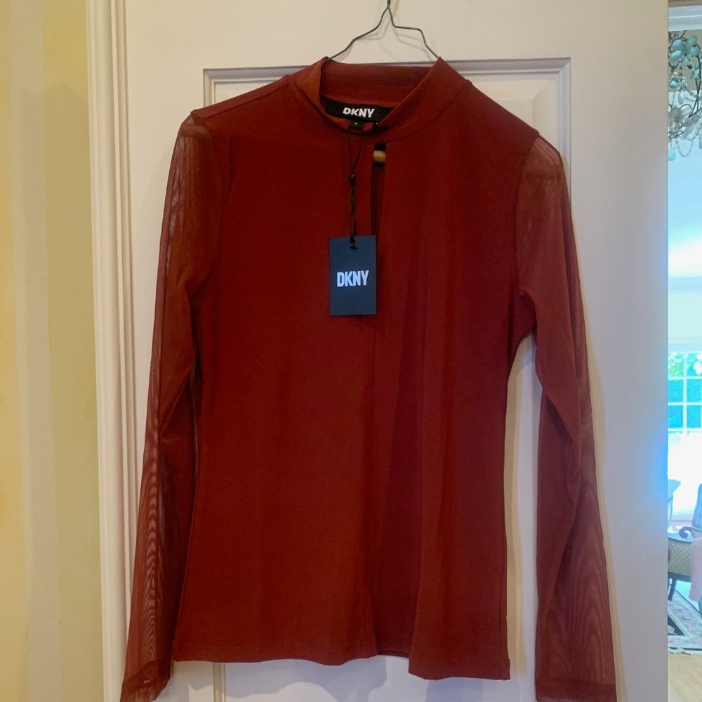 NWT - DKNY peek-a-boo rust blouse with sheer sleeves